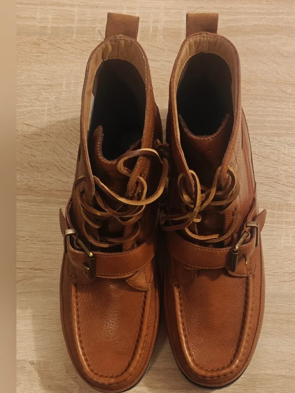 Mens 11.5 Polo Ralph Lauren Ranger Boots brown tan high leather strap shoes logo